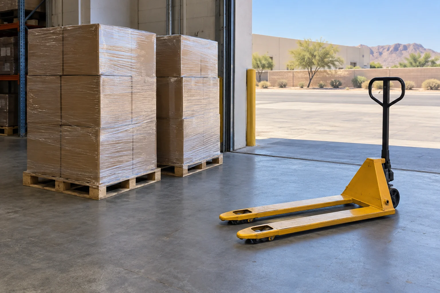 Wrapped cartons on pallets beside an open warehouse door and a parked empty pallet jack