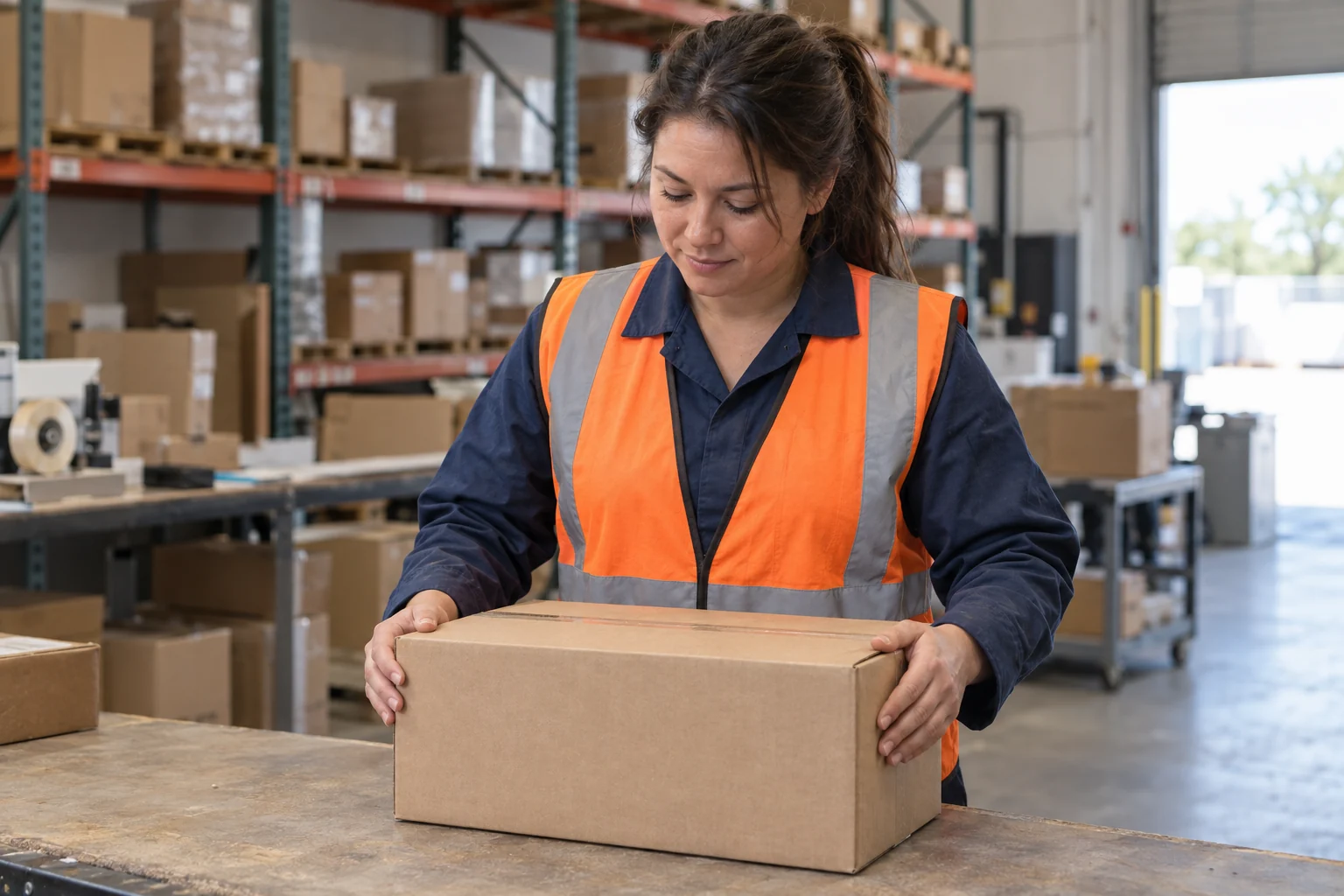 A warehouse employee checking a plain carton on a packing bench